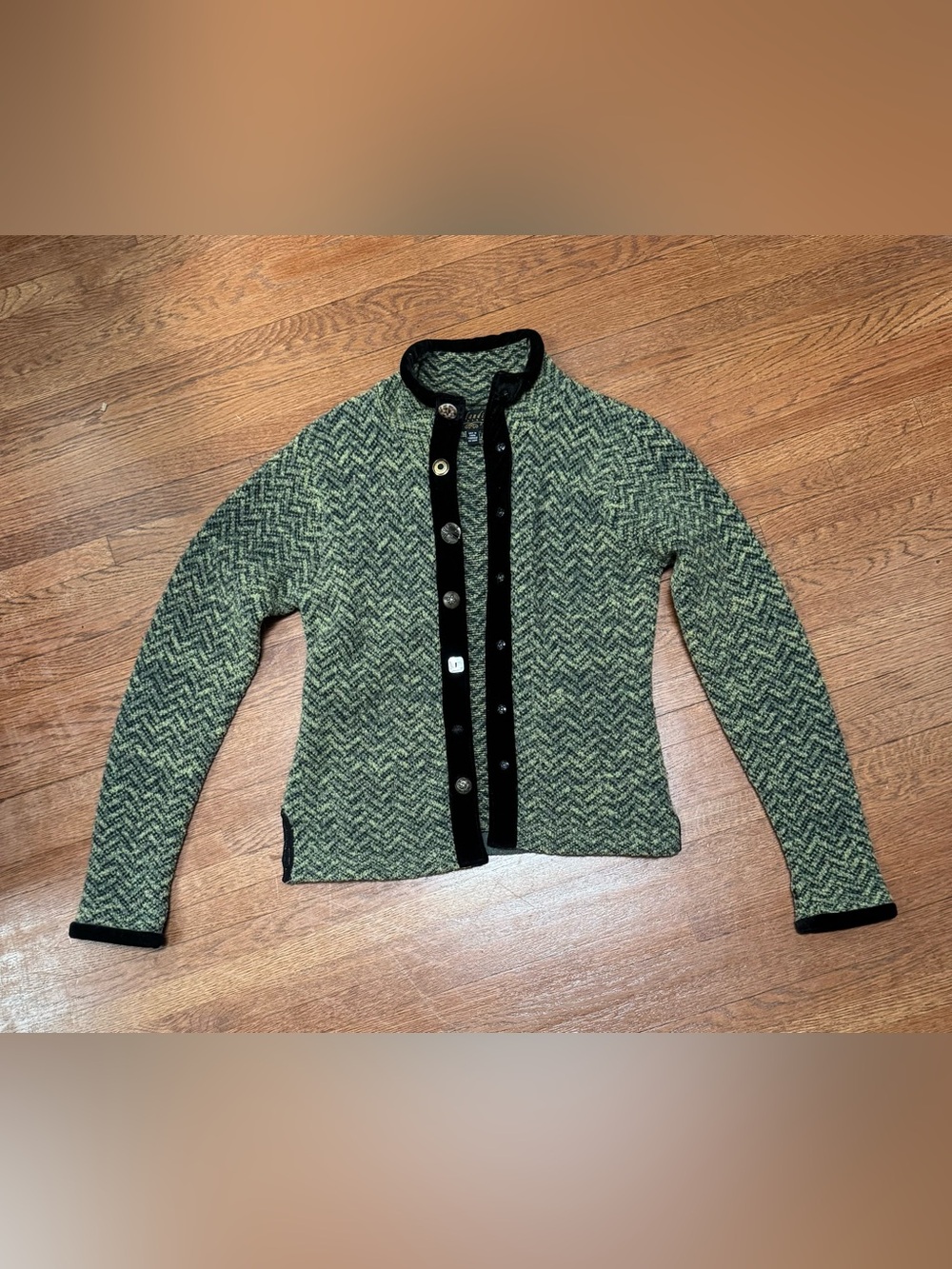 Icelandic Designs Wool Green Chevron Knit Cardigan with Black Velvet Trim